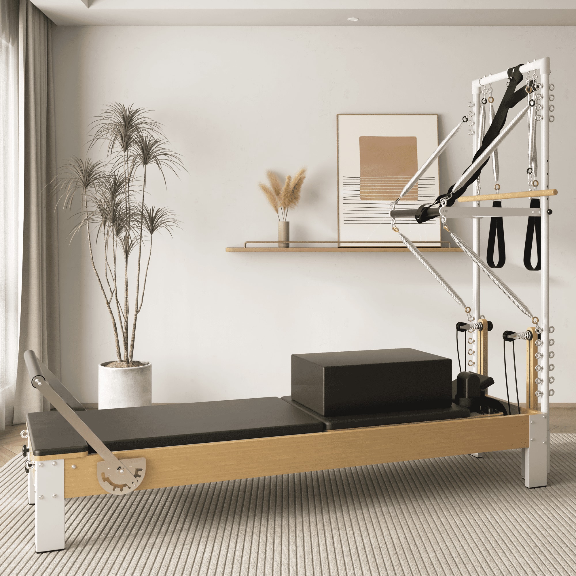 Front. Syedee - SYEDEE Pilates Reformer, Wooden Pilates Reformer Machine with Tower & Mat, Pilates Equipment for Home Workout and Studio - Brown.