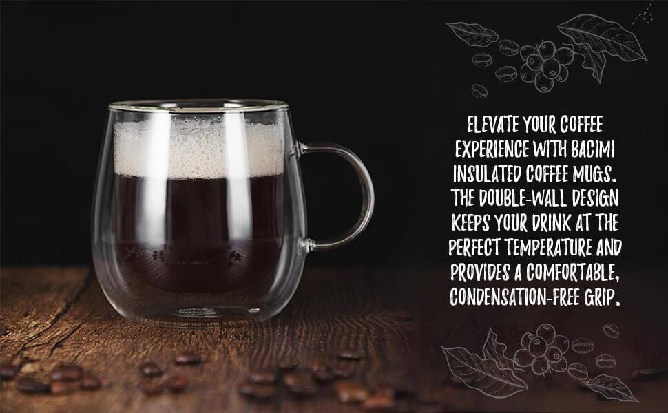 Elevate your coffee experience with Bacimi insulated coffee mugs. The double-wall design keeps your drink at the perfect temperature and provides a comfortable, condensation-free grip.