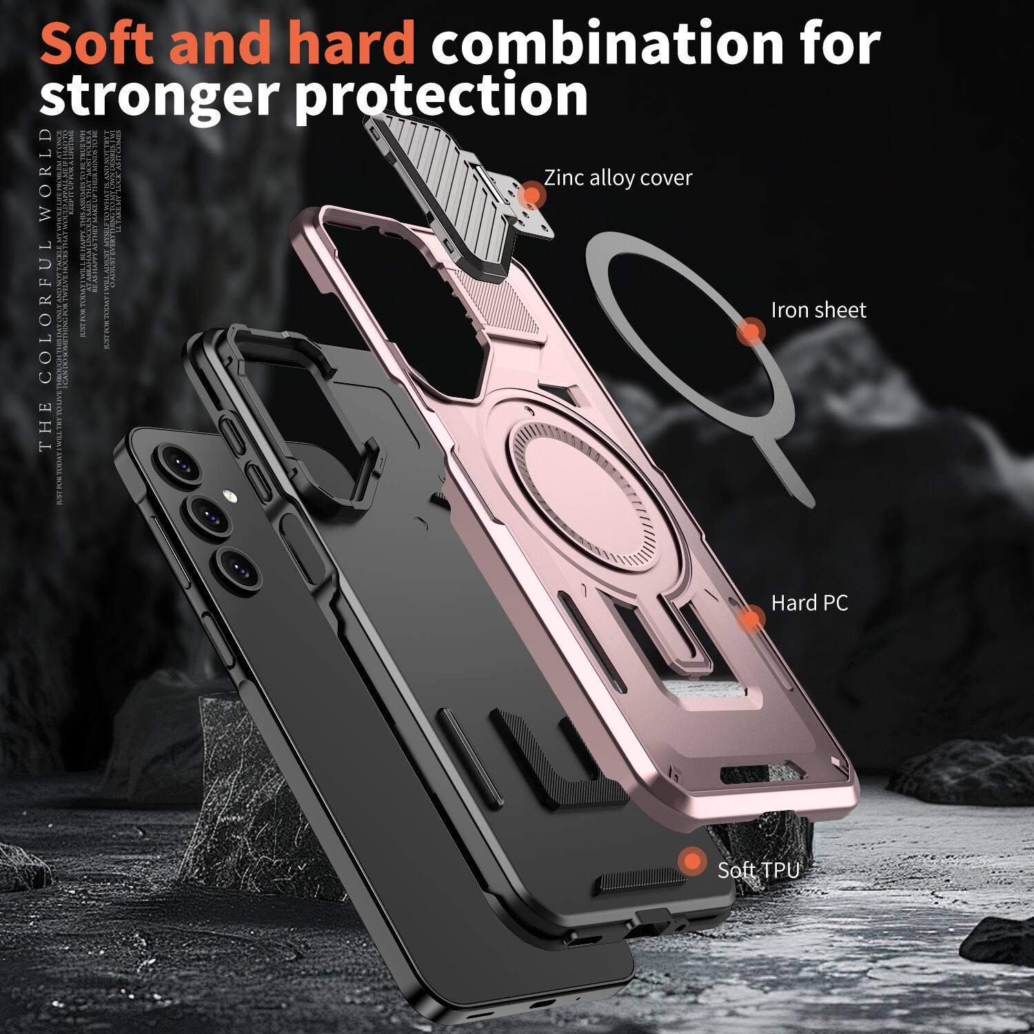 Soft and hard combination for stronger protection

- Zinc alloy cover
- Iron sheet
- Hard PC
- Soft TPU