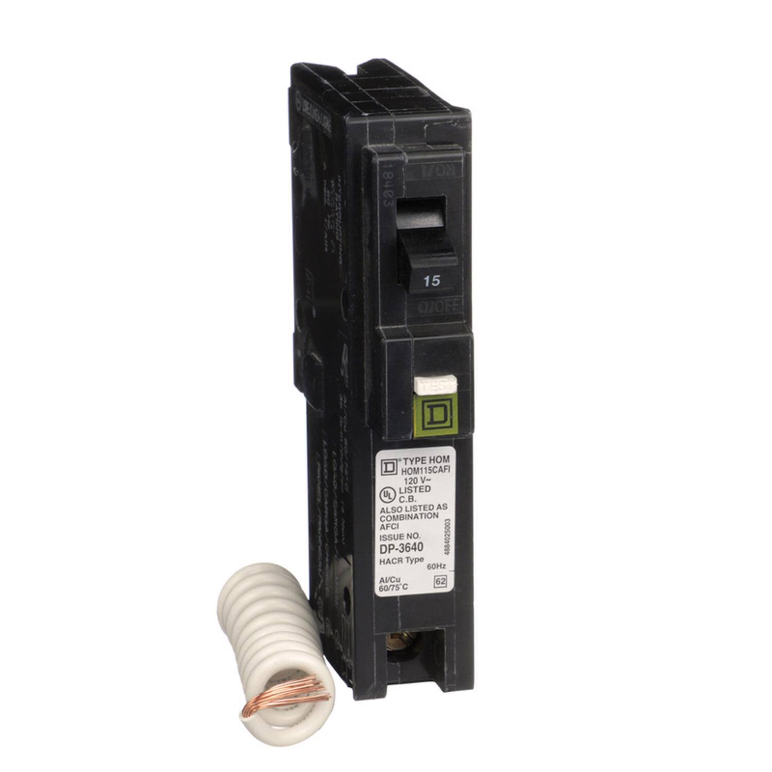 8483 17ON 15 QIOFE D TYPE HOM11SCAFI 120 V LISTED UL C. ALSO LISTED AS COMBINATION AFCI ISSUE NO 4884025003 DP-3640 HACR Type 60Hz AICu 62 60/75 C