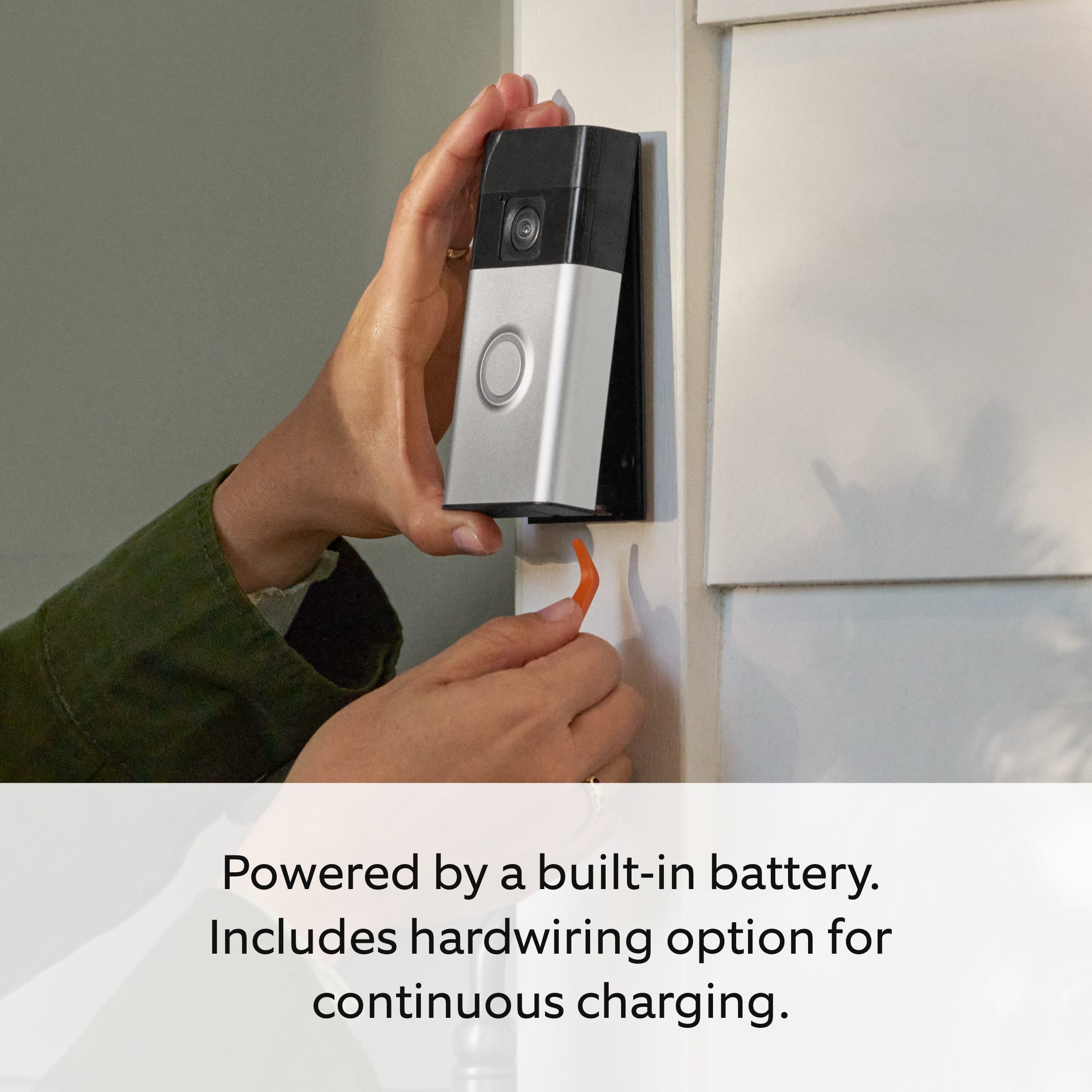 Powered by a built-in battery.
Includes hardwiring option for continuous charging.