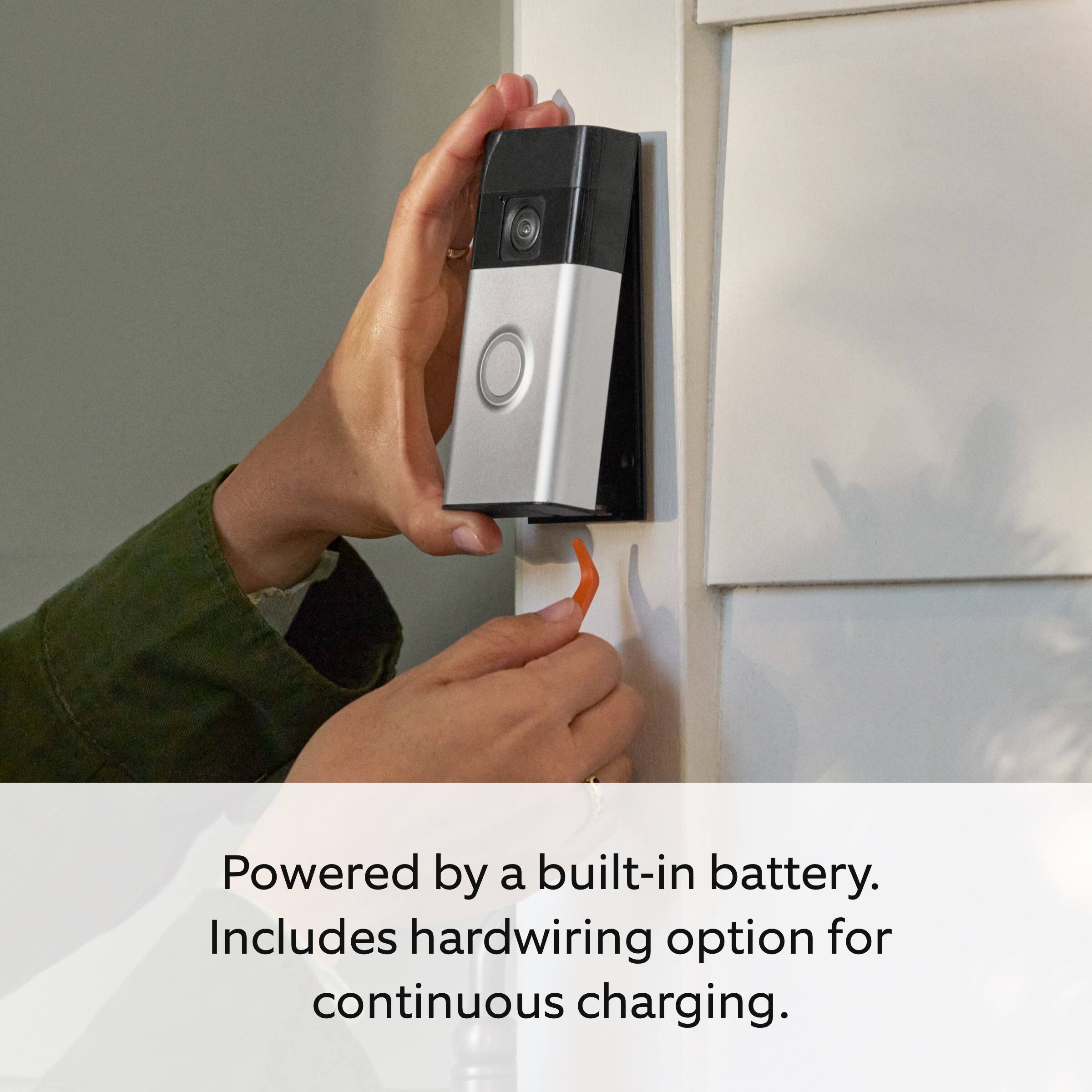 Powered by a built-in battery.  
Includes hardwiring option for continuous charging.
