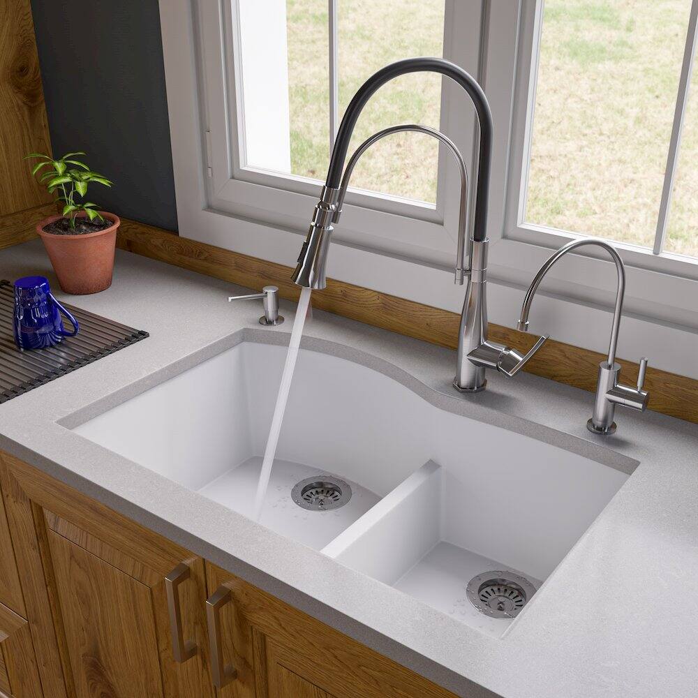 Angle. Alfi - White 33" Double Bowl Undermount Granite Composite Kitchen Sink - White.