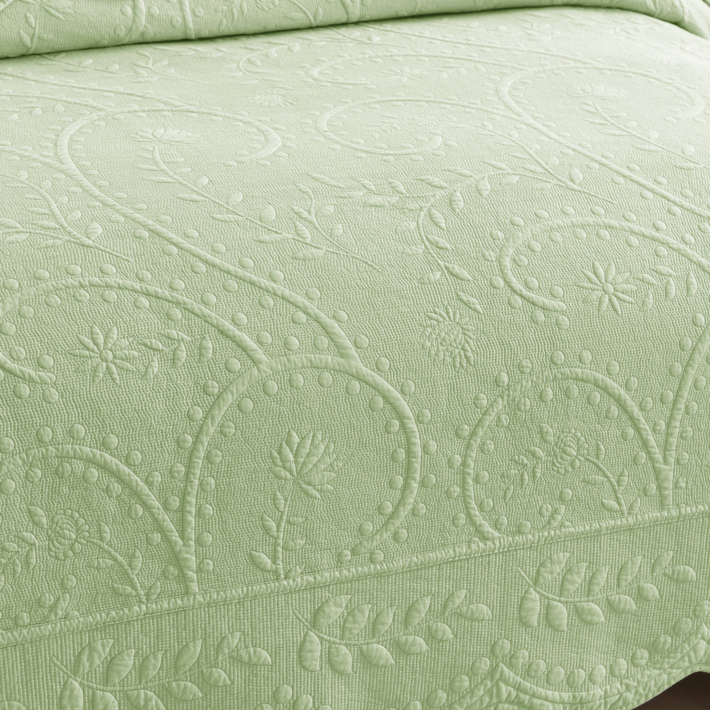 Back. MarCielo - Marcielo 3 Piece 100% Cotton Elegantly Embroidered Oversized Lightweight Quilt Set - Active Green.