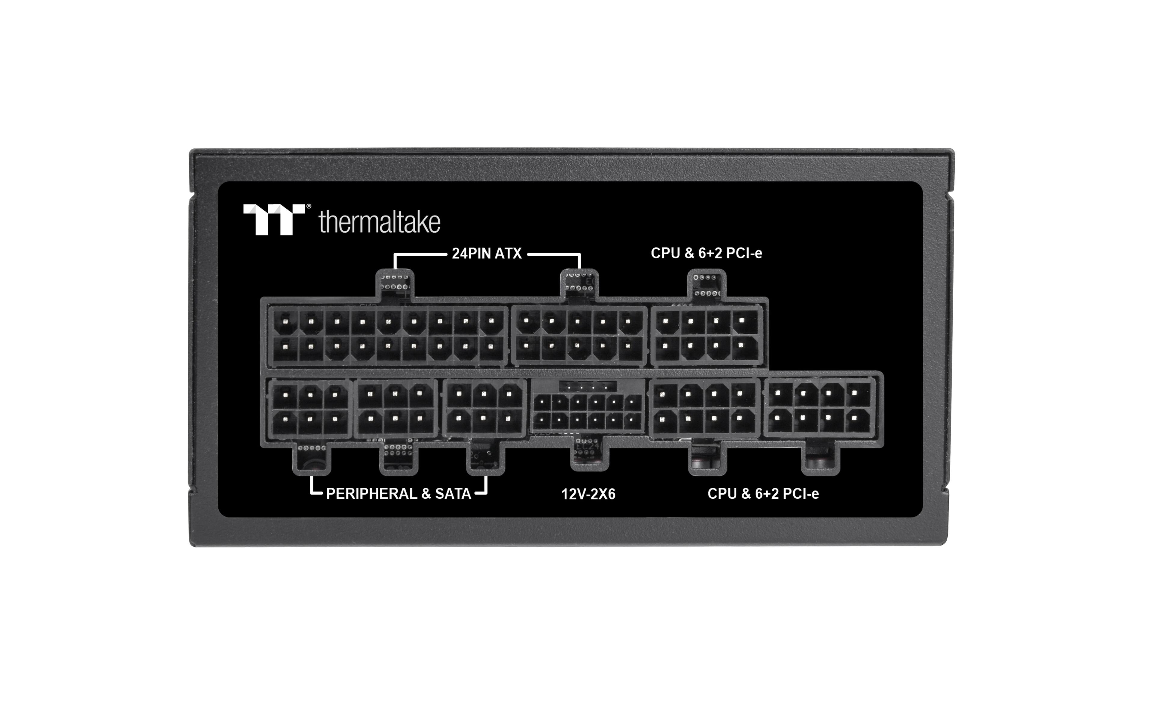 The text on the image reads: "a T thermaltake 24PIN ATX CPU & 6+2 PCI-e 0ORU 00ee 000 S89 e0 - . - . . . - . . . . O..DO + 000 L PERIPHERAL & SATA 12V-2X6 CPU & 6+2 PCI-e."