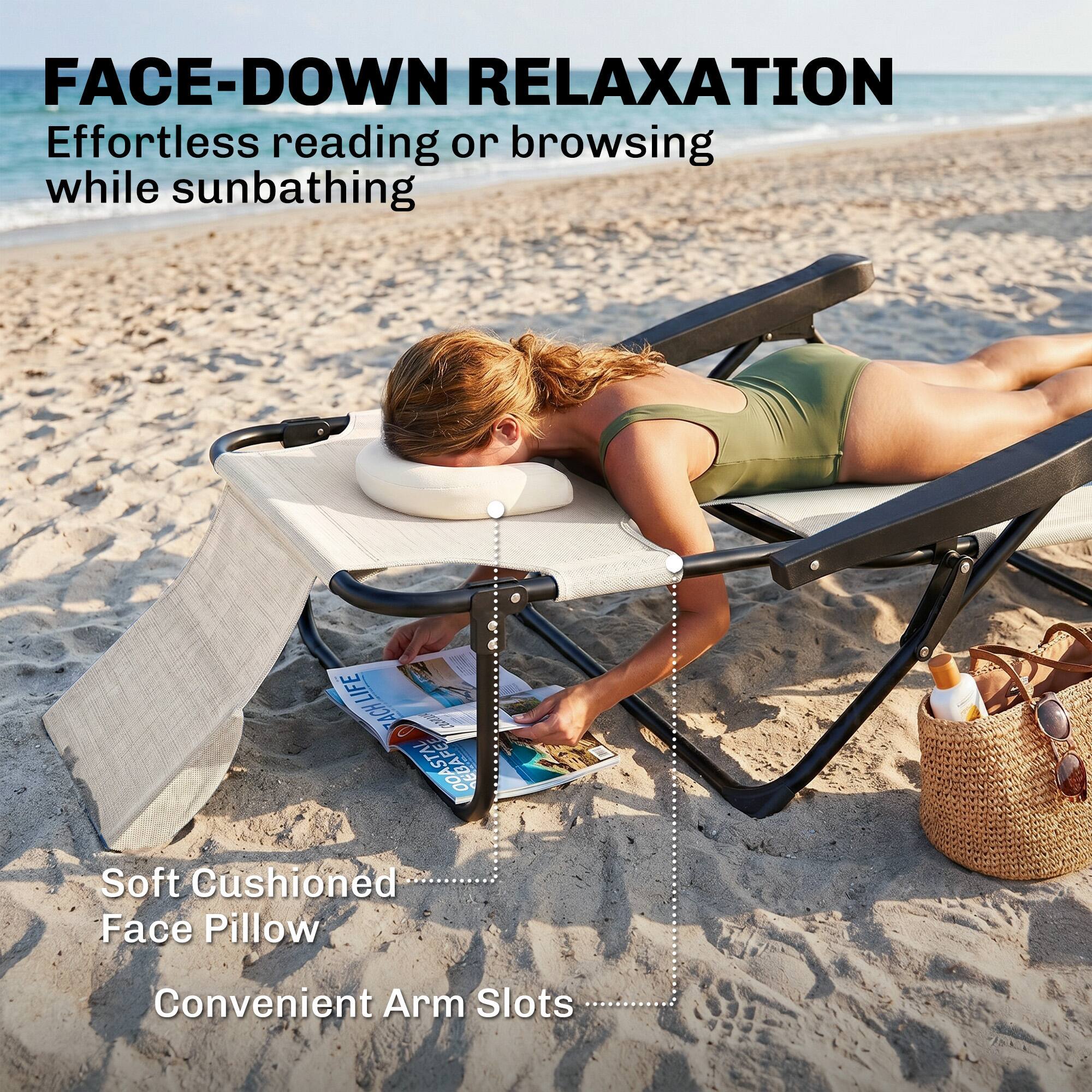 FACE-DOWN RELAXATION  
Effortless reading or browsing while sunbathing

LIFE ACHOOASTAL  
Soft Cushioned Face Pillow  
Convenient Arm Slots