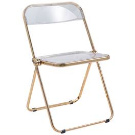 LeisureMod - Lawrence Acrylic Folding Chair, Modern Gold Chrome Frame, Fully Assembled Portable Dining Seat - Clear