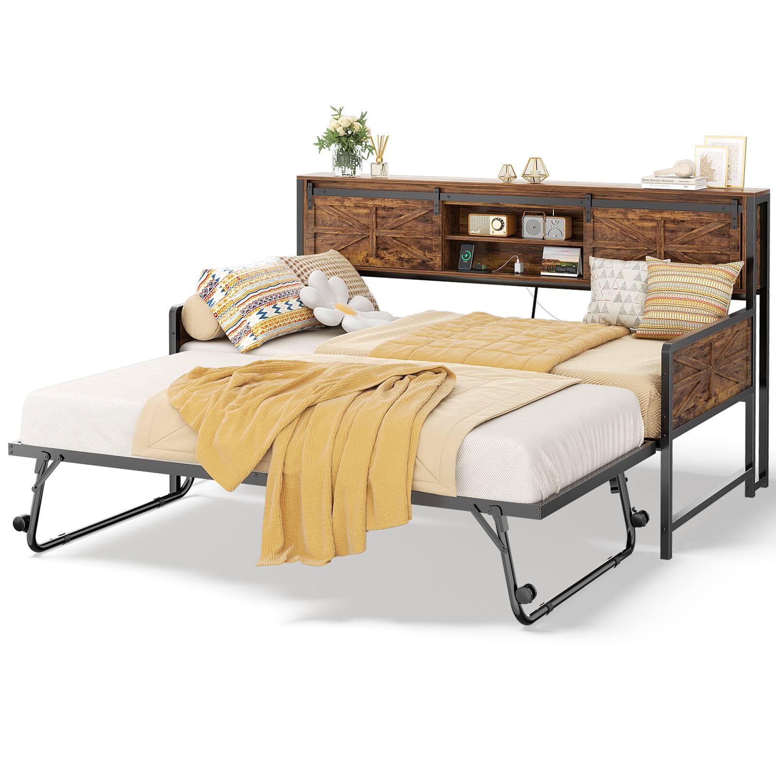Angle. Aheaplus - Farmhouse Twin Daybed With Bookcase Headboard & Charging Station - Trundle Sofa Bed Frame, Space-Saving - Rustic Brown.