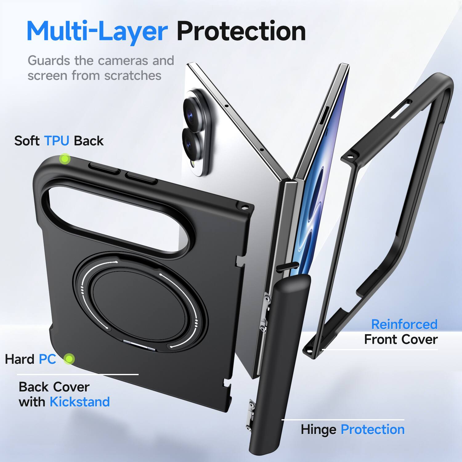 Multi-Layer Protection  
Guards the cameras and screen from scratches  

Soft TPU Back  
Hard PC  
Reinforced Front Cover  
Back Cover with Kickstand  
Hinge Protection
