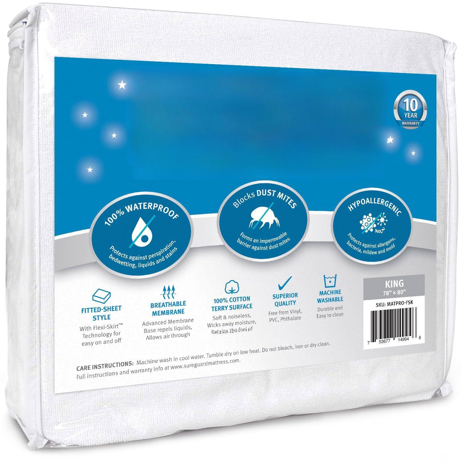 Comfort Essence - Sureguard Queen Size Mattress Protector - Waterproof Fitted Cotton Terry Cover - King