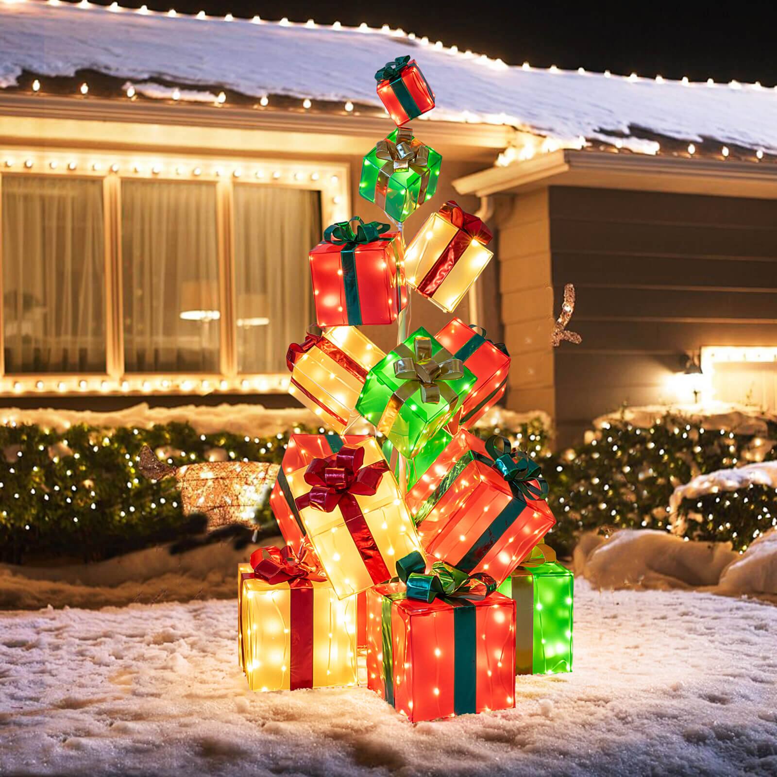 Alt View 1. Costway - Costway 5.6 FT Pre-Lit Gift Box Tower with Bowknot & 483 LED Light Bulbs, Ground Stakes - Multicolor.
