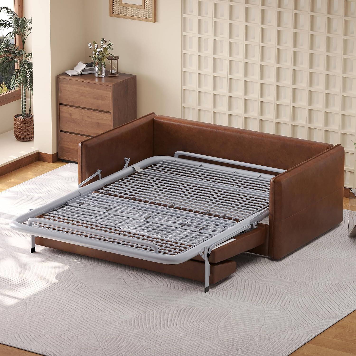 Left. luck idea - 63" Convertible Sofa Bed, Pull-Out Loveseat with Mattress, Brown PU Leather Couch, Deep Seat Cushion & Metal Frame for R - BROWN.
