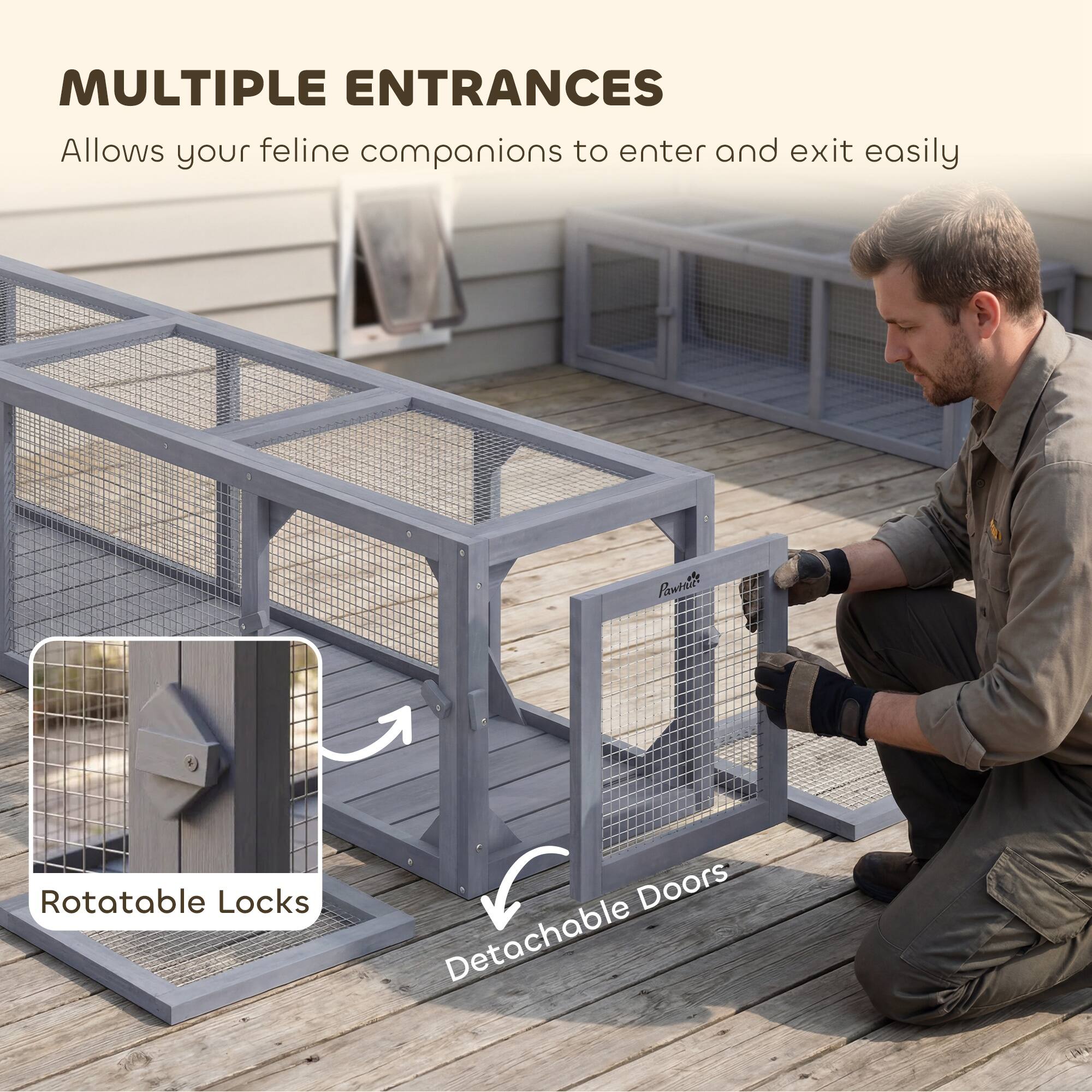 MULTIPLE ENTRANCES  
Allows your feline companions to enter and exit easily

Rotatable Locks  
Detachable Doors