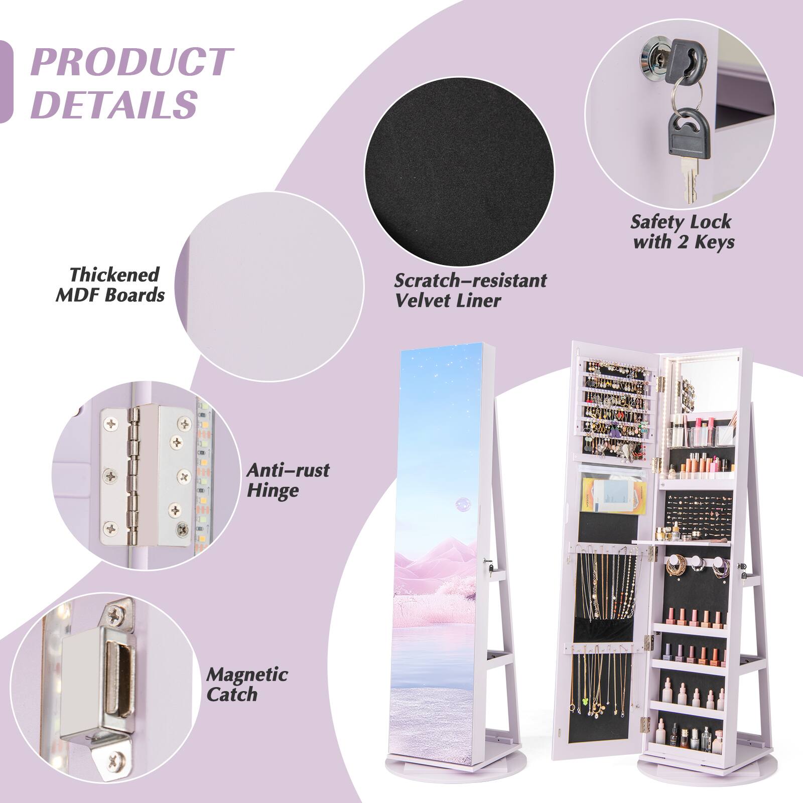 PRODUCT DETAILS

- Thickened MDF Boards
- Scratch-resistant Velvet Liner
- Safety Lock with 2 Keys
- Anti-rust Hinge
- Magnetic Catch