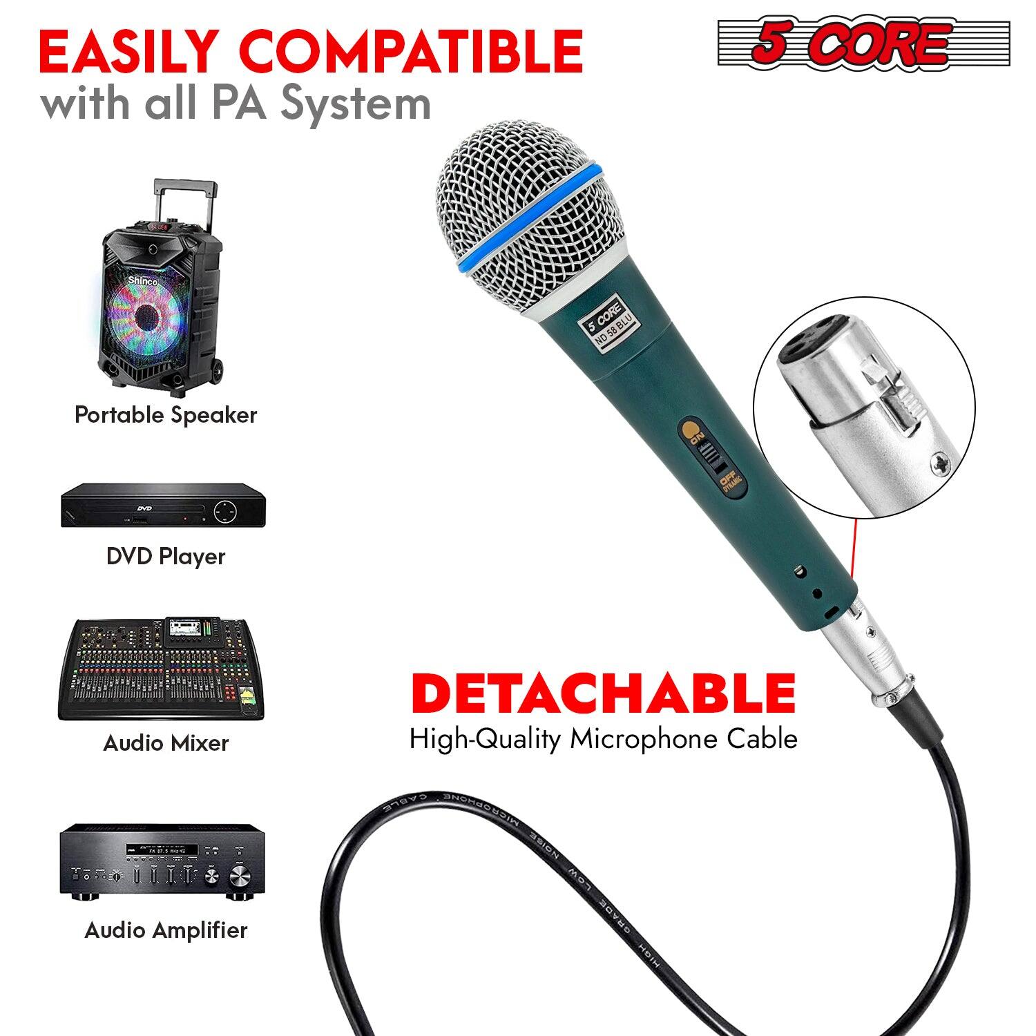 Easily compatible with all PA System. 5-core. Portable Speaker. DVD Player. Audio Mixer. Audio Amplifier. Detachable High-Quality Microphone Cable.