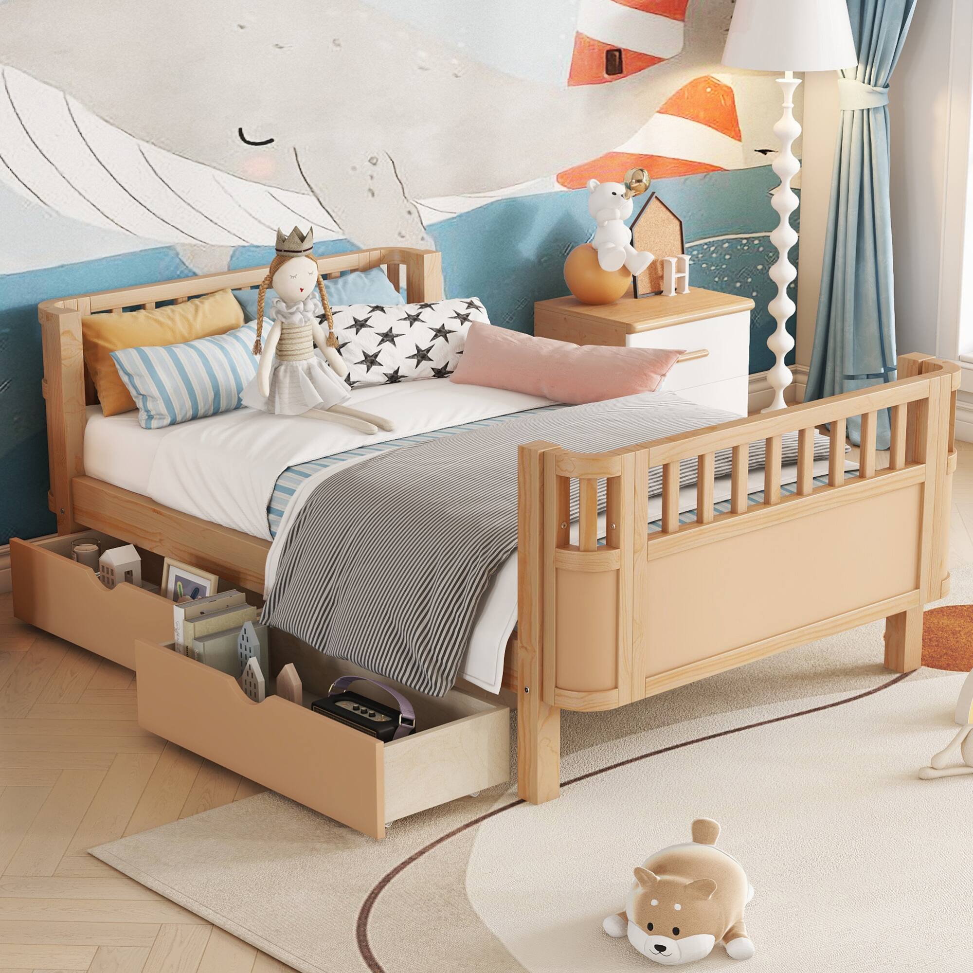 Left. GOODSILO - Twin Size Wood Platform Bed with Safety Rails for Kids, Low Profile Design with Storage Drawers and Modern Style - Natural.