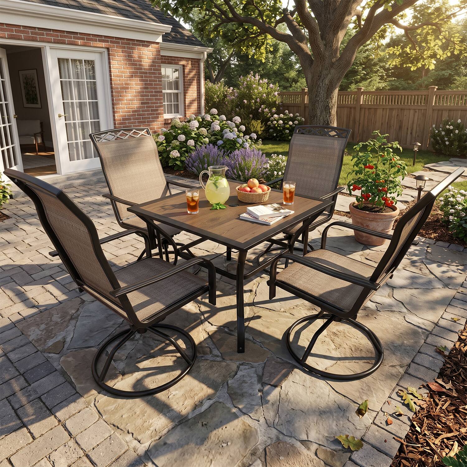 Angle. Yardgrace - 2-Piece Patio Swivel Rocking Dining Chairs High-Back Textilene Metal All-Weather Lawn Porch Garden - Brown.