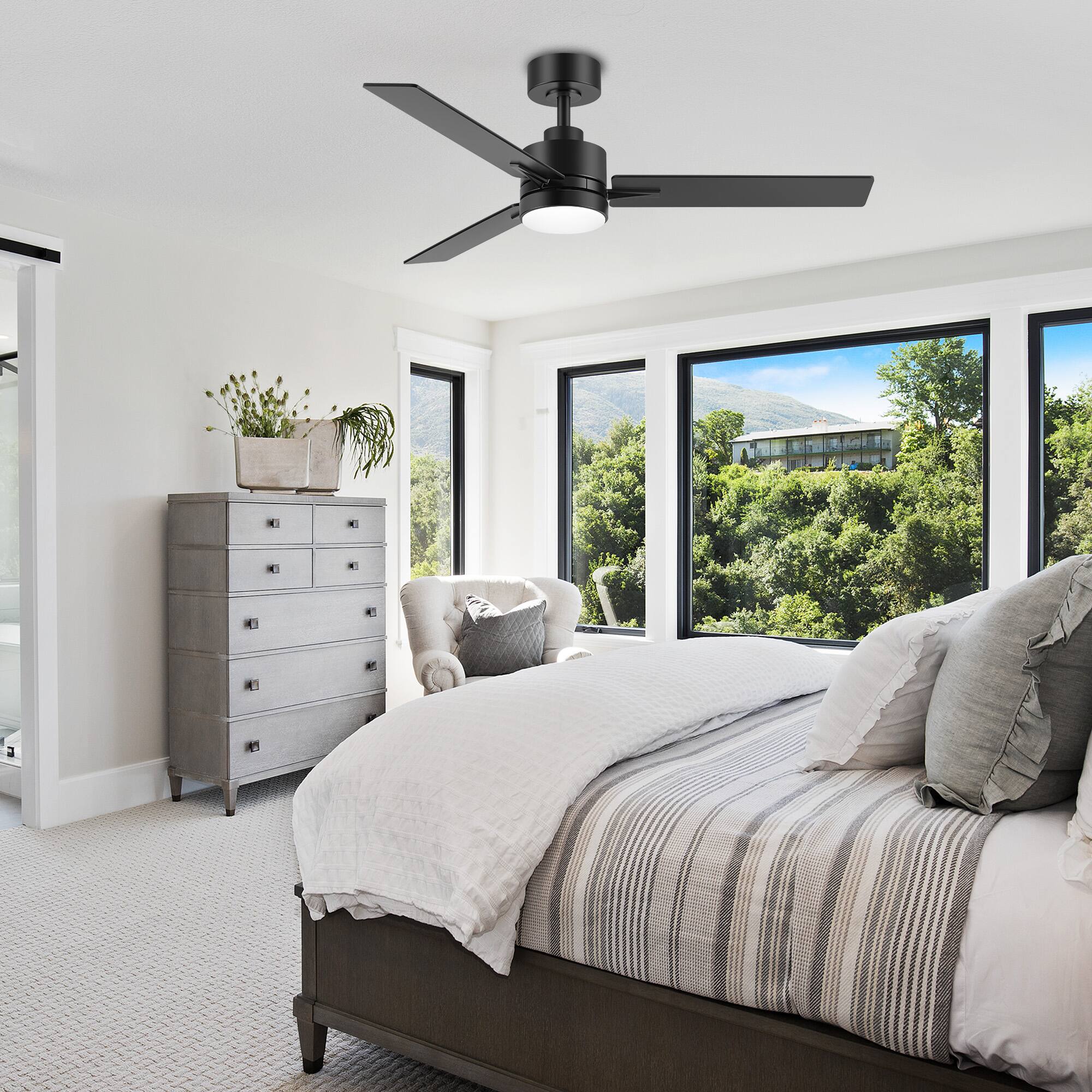 Alt View 5. Breezary - 48-Inch Indoor Ceiling Fan with Remote, 3 Plywood Blades, 6-Speed DC Motor, 5'' Downrod, LED/No Light, Single or 2-Pack - Black (With Light).