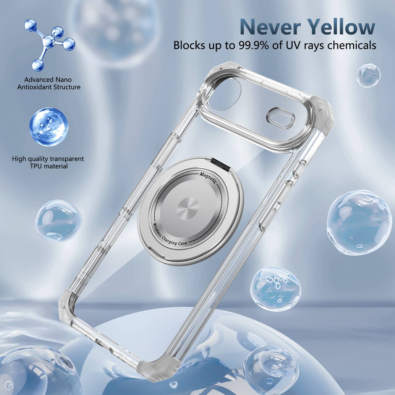 Never Yellow  
Blocks up to 99.9% of UV rays chemicals  
Advanced Nano Antioxidant Structure  
High quality transparent TPU material  
Magnetic Wireless Charging Case