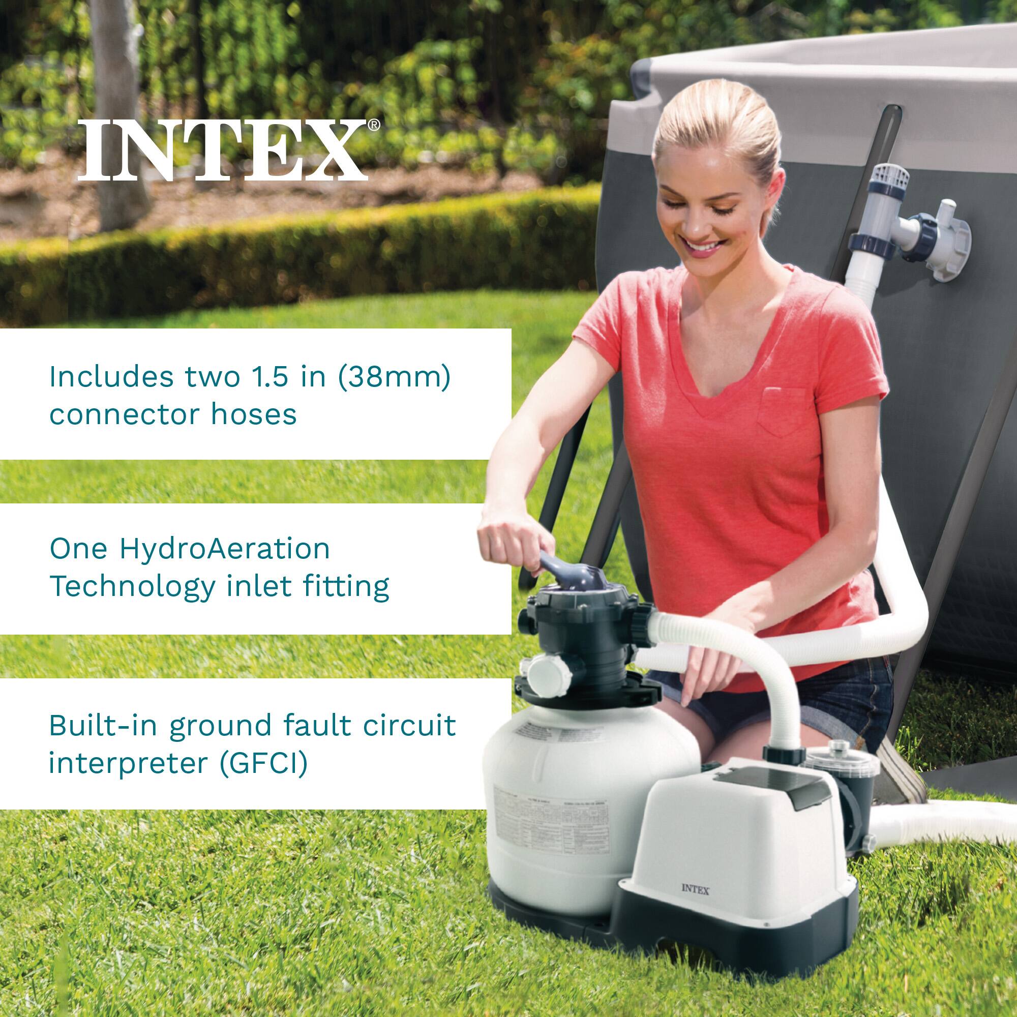 INTEX

Includes two 1.5 in (38mm) connector hoses

One HydroAeration Technology inlet fitting

Built-in ground fault circuit interpreter (GFCI)