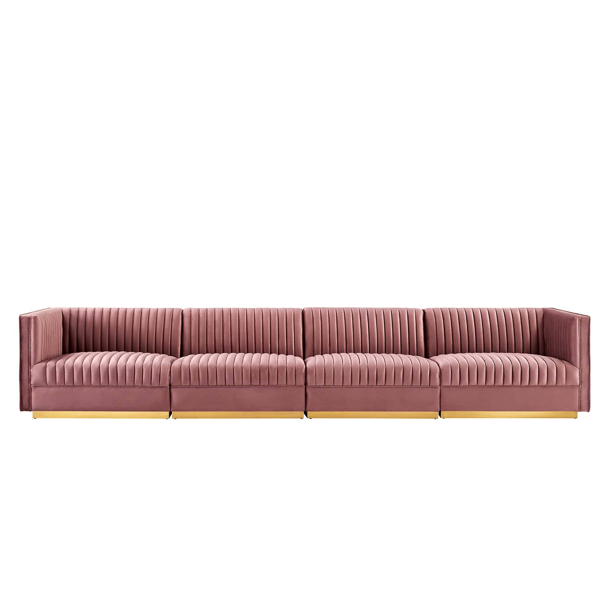 Left. Modway - Sanguine Channel Tufted Performance Velvet 4-Seat Modular Sectional Sofa by Modway - Red.