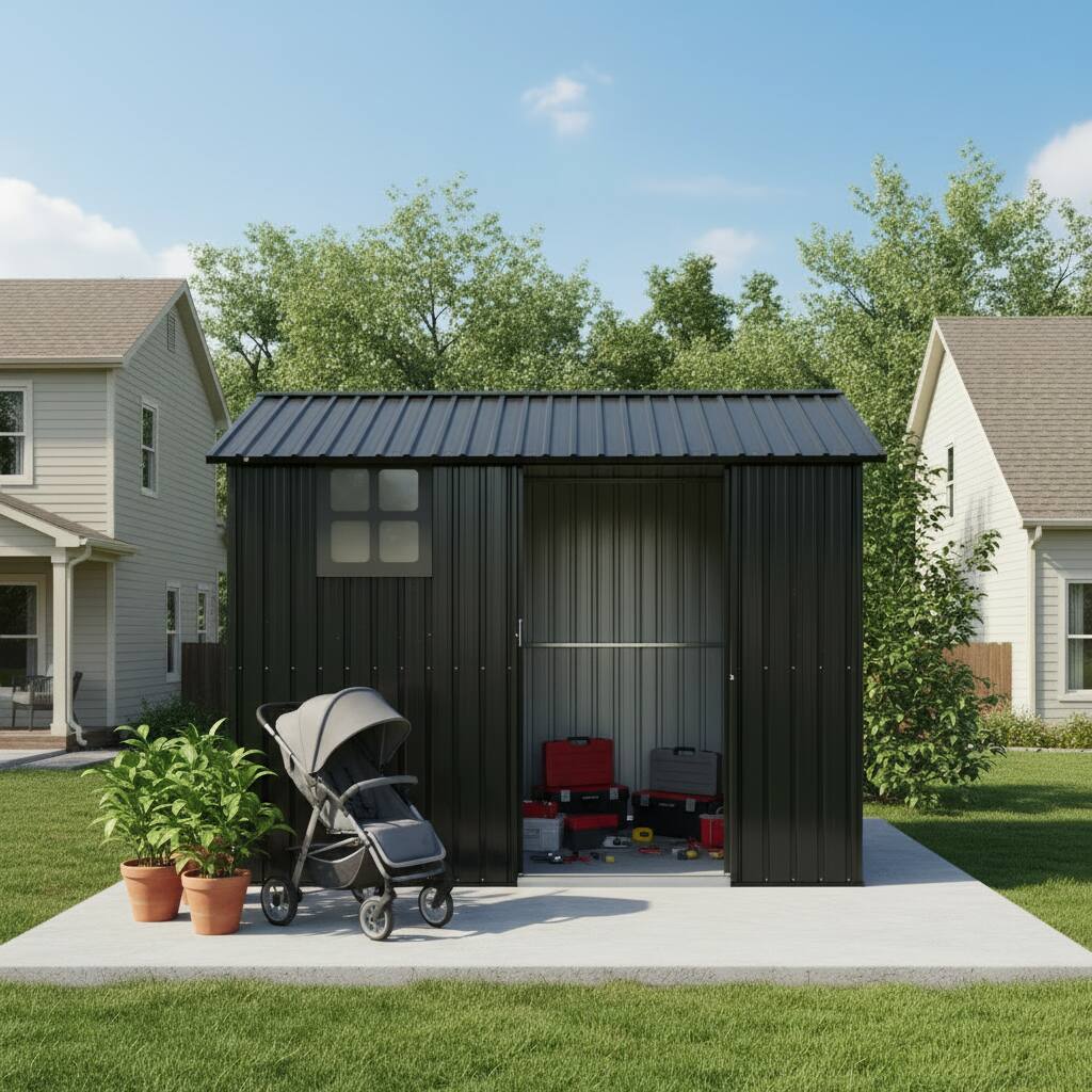 Back. Anysun - 8x6 FT Weatherproof Galvanized Steel Outdoor Storage Shed with Sliding Door, Window & Vents - Black.