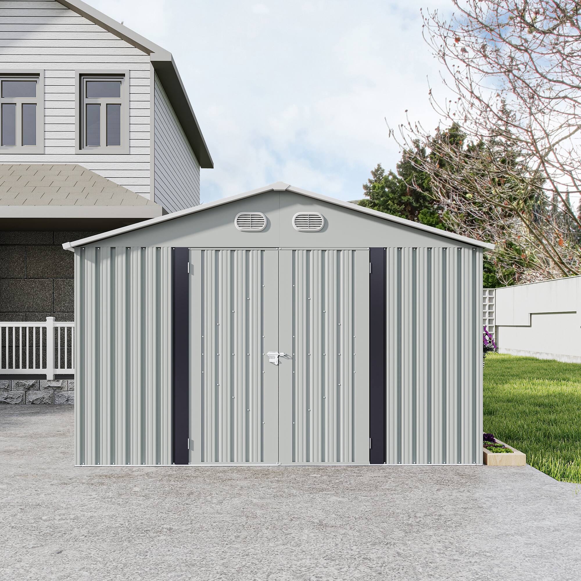 Alt View 6. Loheer - Loheer 10x12 Metal Storage Shed White Outdoor Garden Tool Shed with Lockable Doors and Sloped Roof for Backyard.