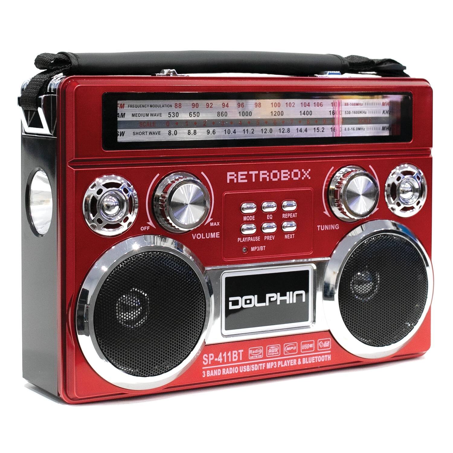 **RETROBOX**

**DOLPHIN**

**SP-411BT**

**3 BAND RADIO USB/SD/TF MP3 PLAYER & BLUETOOTH**

**FM FREQUENCY MODULATION 88 90 92 94 96 98 100 102 104 106 108 110 112 114 116 118 120 122 124 126 128 130 132 134 136 138 140 142 144 146 148 150 152 154 156 158 160 162 164 166 168 170 172 174 176 178 180 182 184 186 188 190 192 194 1