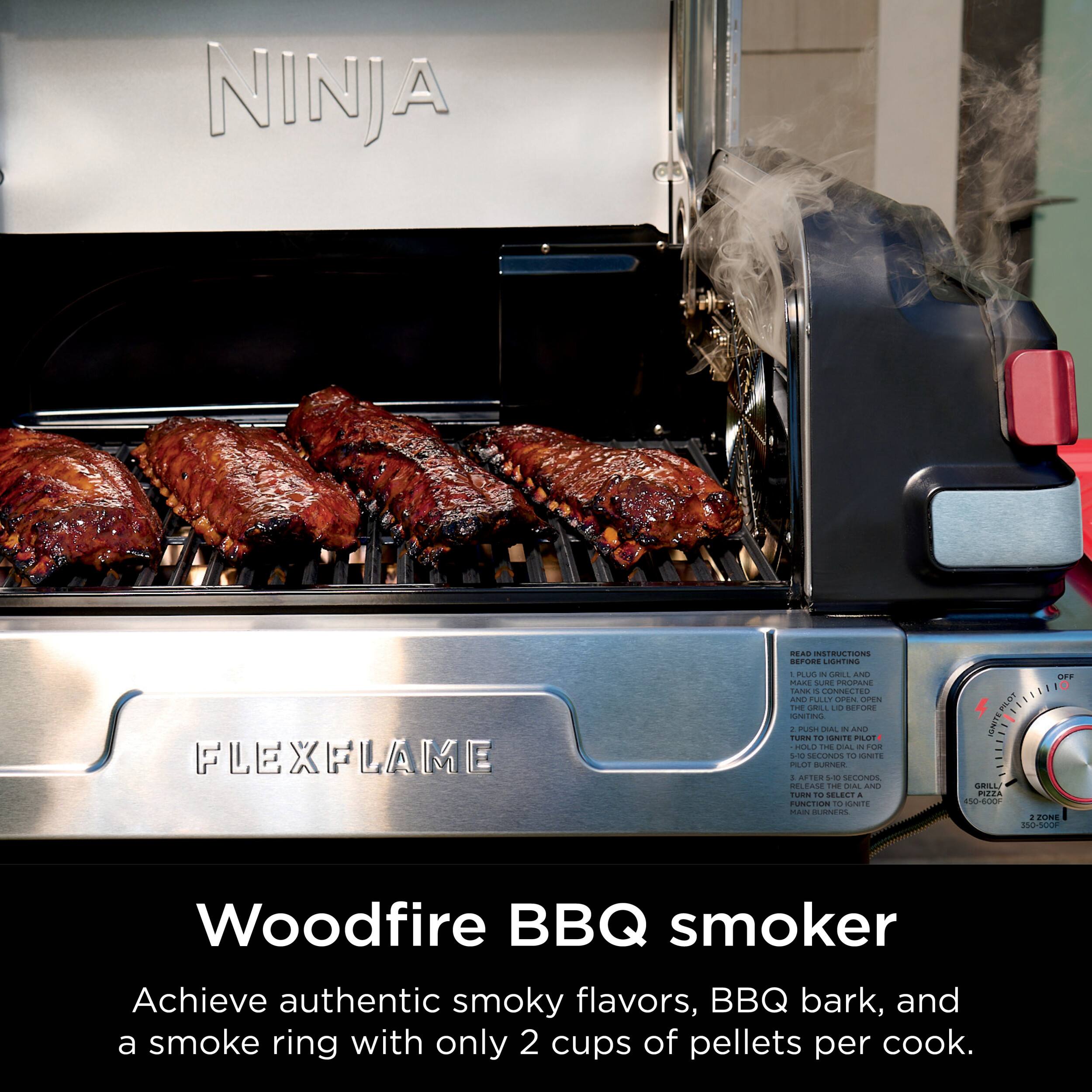 Woodfire BBQ smoker instructions:

1. Ensure that the propane tank is connected to the smoker and has enough propane.
2. Place the smoker in a well-ventilated area, away from direct sunlight and rain.
3. Preheat the smoker to the desired temperature, usually between 225°F and 250°F.
4. Use 2 cups of pellets per cook to achieve authentic smoky flavors, BBQ bark, and a smoke ring.
5. Place the food on the grill grates, ensuring that there is enough space for even cooking.
6. Monitor the temperature and cooking time to ensure that the food is cooked to perfection.
7. When the cooking is complete, turn off the smoker and let it cool down before storing it away.