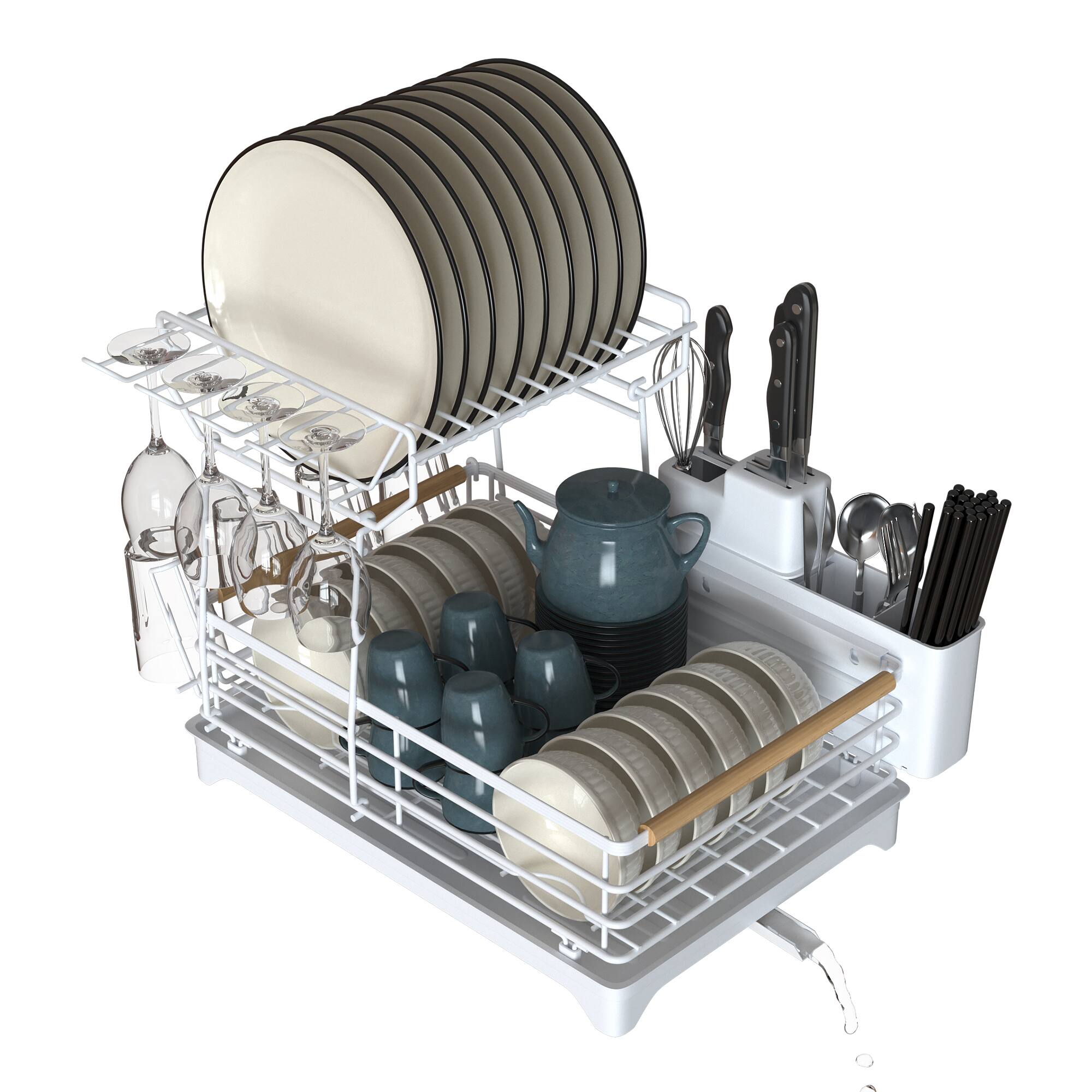 Alt View 4. Malletson - Double-layer Bamboo Dish Rack For Home Kitchen - White.