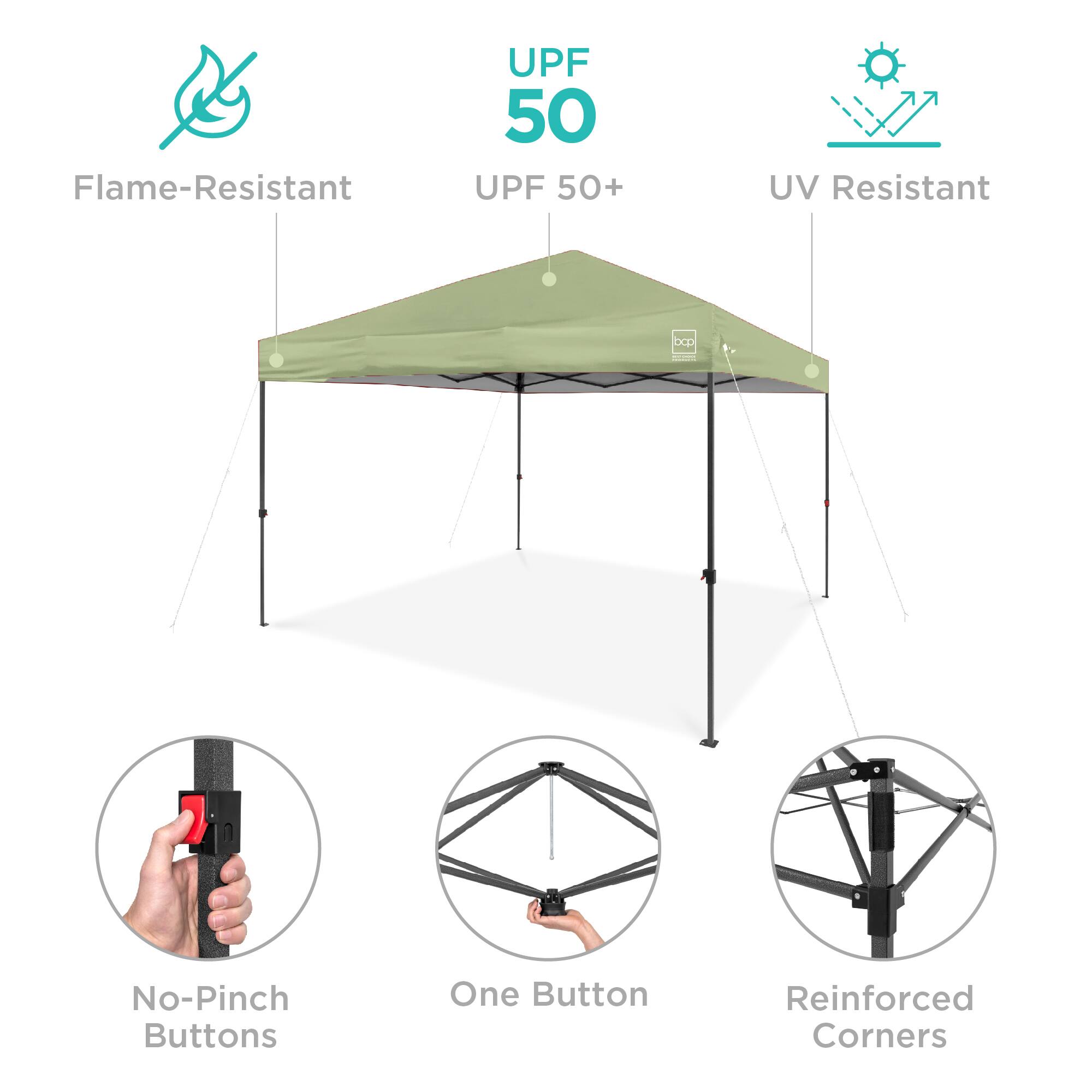Flame-Resistant UPF 50+ UV Resistant  
No-Pinch Buttons  
One Button  
Reinforced Corners