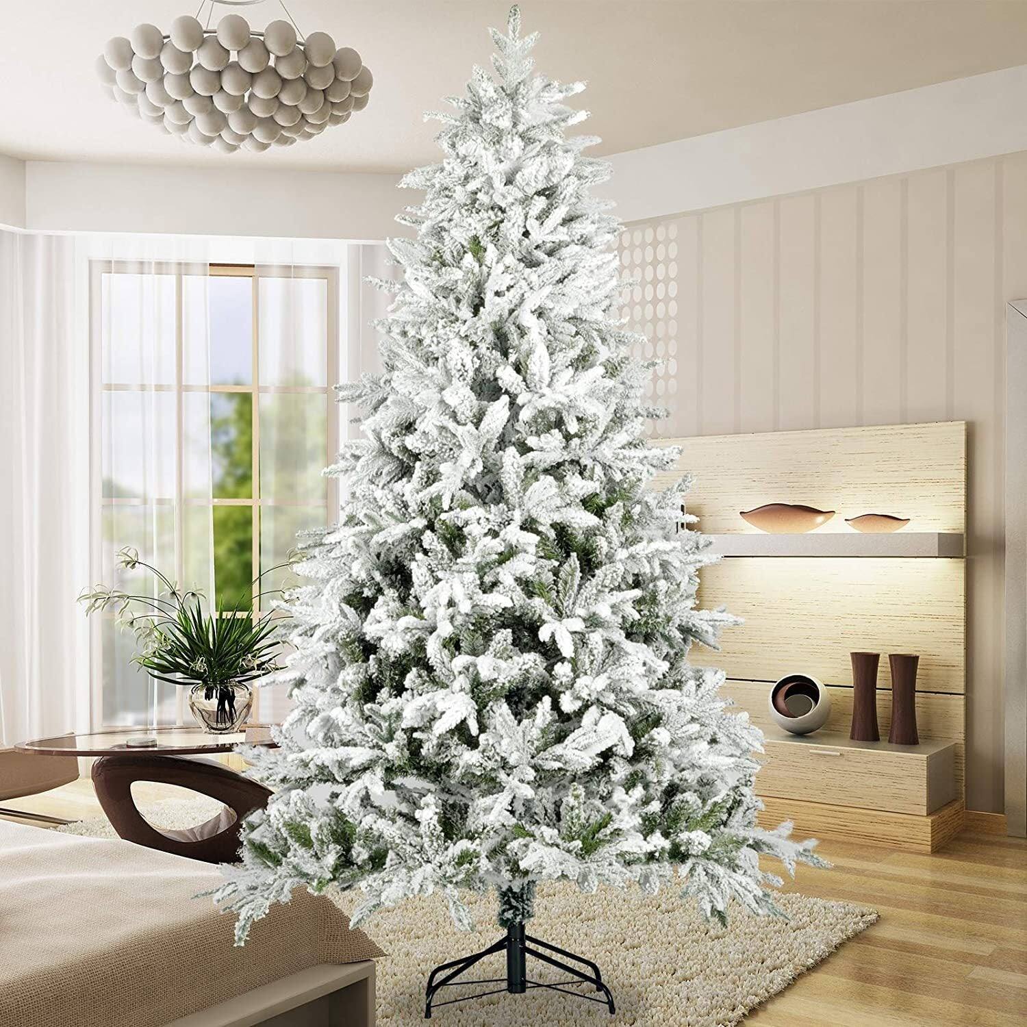 Back. BreeBe - Snow Flocked Christmas Tree 7ft Artificial Hinged Pine Tree with White Realistic Tips Unlit - White.