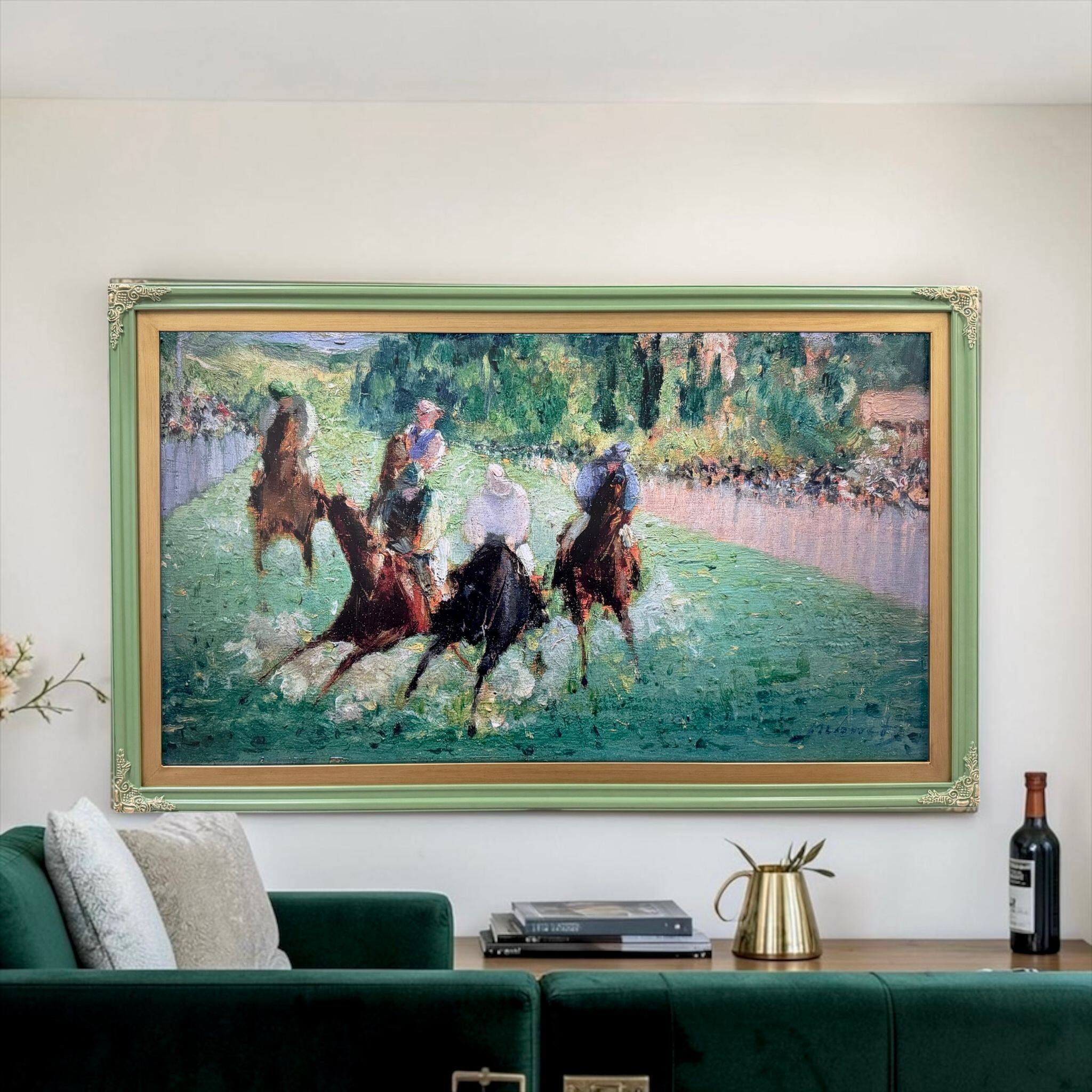 Alt View 10. LAREDO FRAME FACTORY - 75 inch Handmade Ornate Tv Frame For TCL NXT Vision TVs - CACTUS VALLEY GREEN WITH GOLD ACCENTS.
