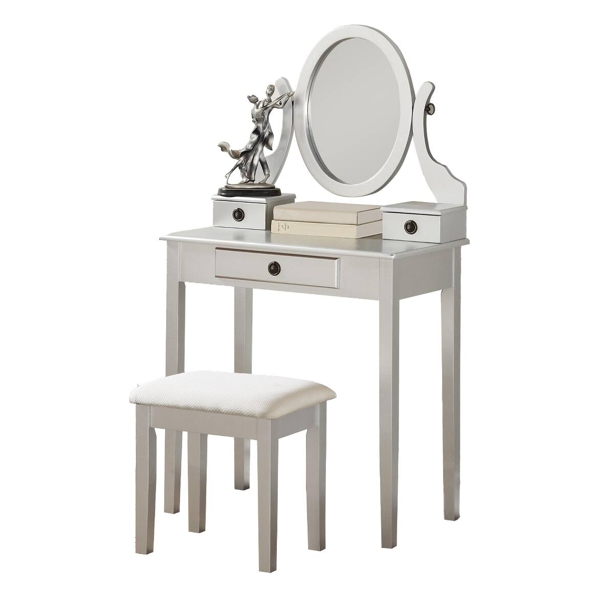 Back. Loheer - Loheer Silver Makeup Vanity Table and Stool Set with Adjustable Oval Mirror - Silver.