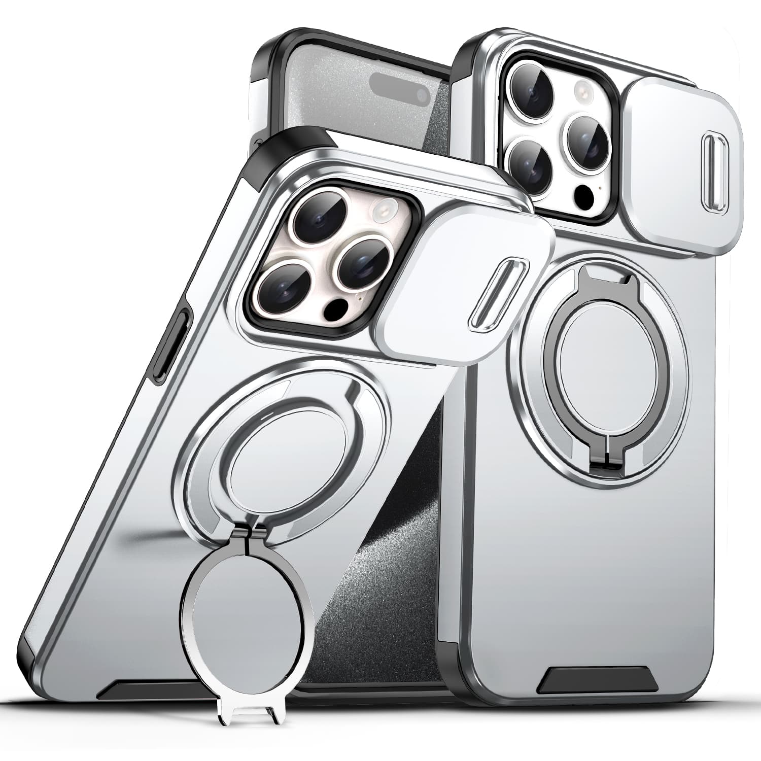 UUCOVER - For Apple iPhone 15 Pro Max Magnetic Case with Slide Camera Lens Cover & 360° Ring Stand - Drop Protection Phone Shell - Silver