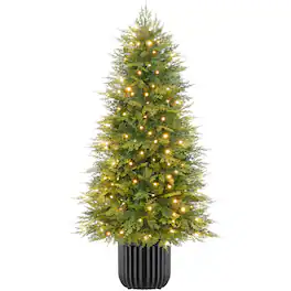 Best Choice Products - 4.5ft Potted Christmas Tree Pre-lit Green Cedar Viral Twinkling LEDs Holiday Decor w/ 2in1 Lights - Solid Green