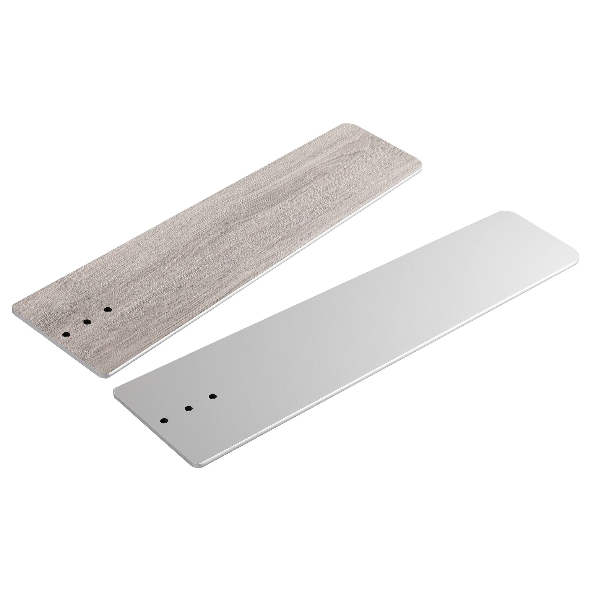 The image shows two rectangular objects placed against a white background. The object on the left has a wood-like texture, while the one on the right is metallic. Both have three holes near one end.