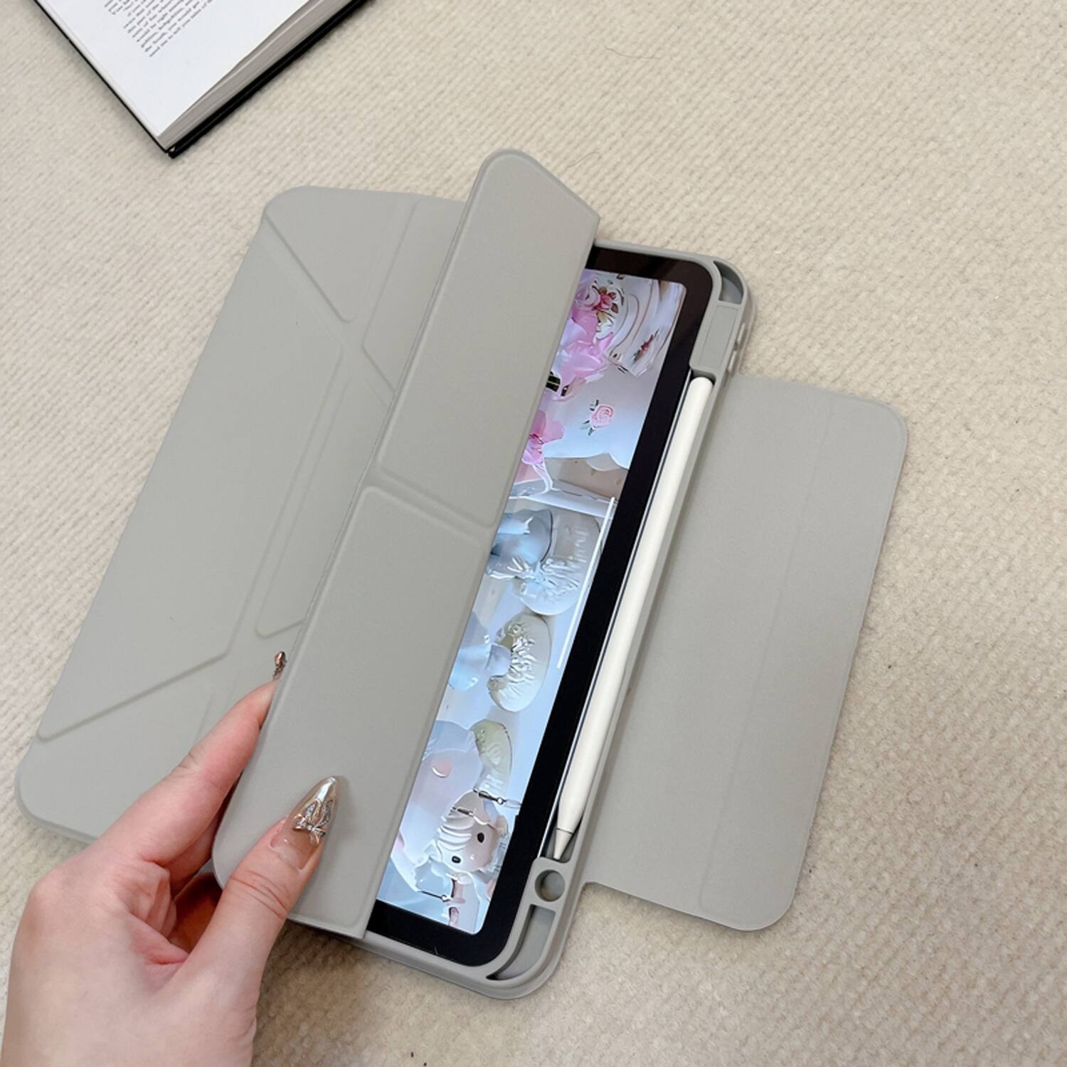 Angle. Dteck - for Apple iPad (A16) 11" 2025 & iPad  10th Gen 2022 Premium Vegan Leather Folio Case,Y-Fold Magnetic Closure Flip Cover - Gray.