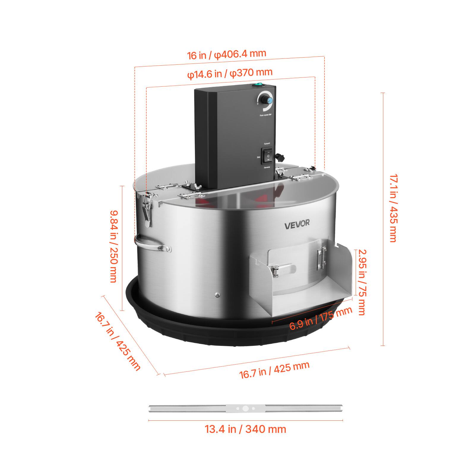16 in / 406.4 mm  
14.6 in / 370 mm  
9.84 in / 250 mm  
16.7 in / 425 mm  
2.95 in / 75 mm  
17.1 in / 435 mm  
13.4 in / 340 mm