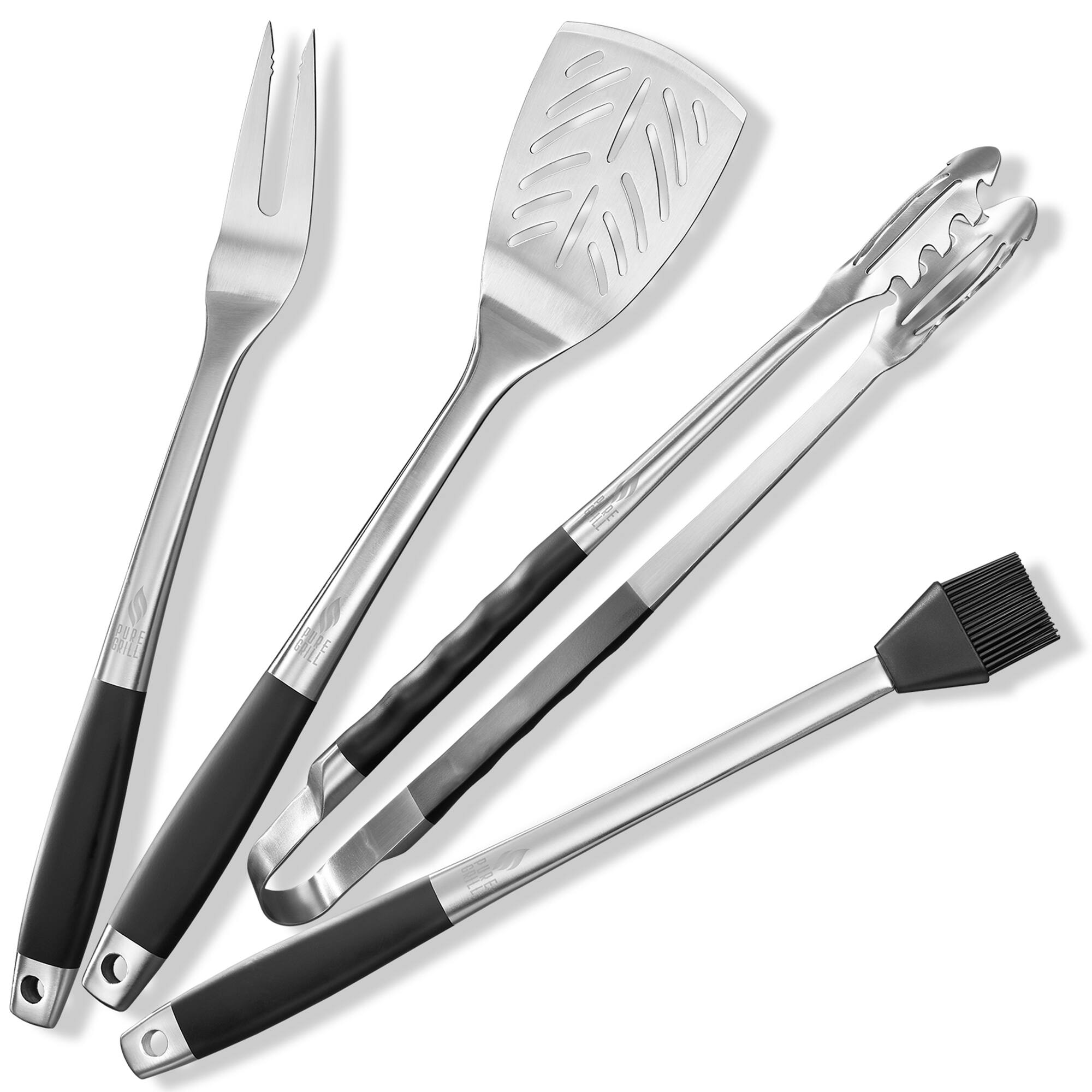 Alt View 1. Pure Grill - 4pc BBQ Tool Utensil Set - Stainless Steel - Silver.