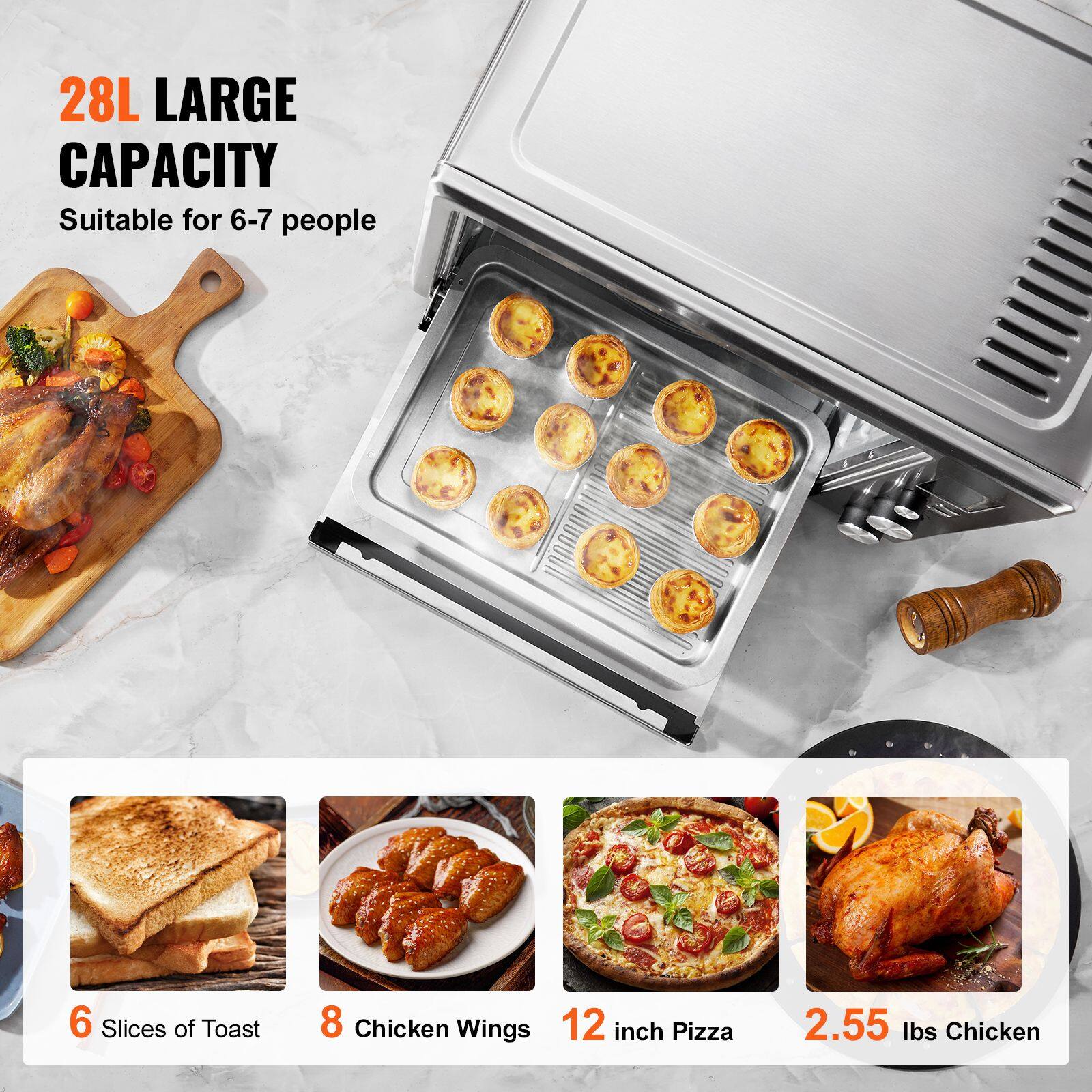 28L LARGE CAPACITY  
Suitable for 6-7 people  

6 Slices of Toast  
8 Chicken Wings  
12 inch Pizza  
2.55 lbs Chicken