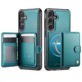 Dteck - For Samsung Galaxy S26+ Leather Flip Stand RFID Leather Wallet Mag Safe Case With Deachable Card Holder - Blue