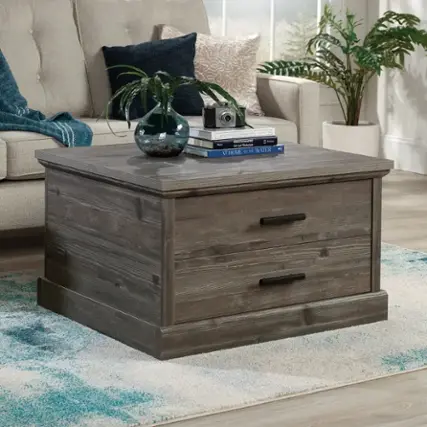 Front. Sauder - Aspen Post Coffee Table Peb Pin - Pebble Pine.