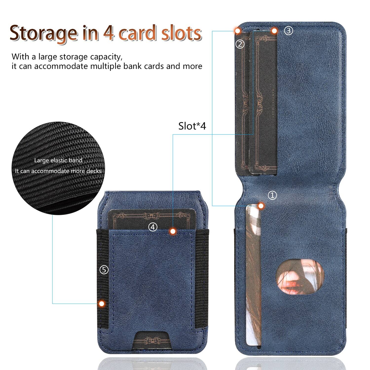 Storage in 4 card slots

With a large storage capacity, it can accommodate multiple bank cards and more

Slot*4

Large elastic band
It can accommodate more decks