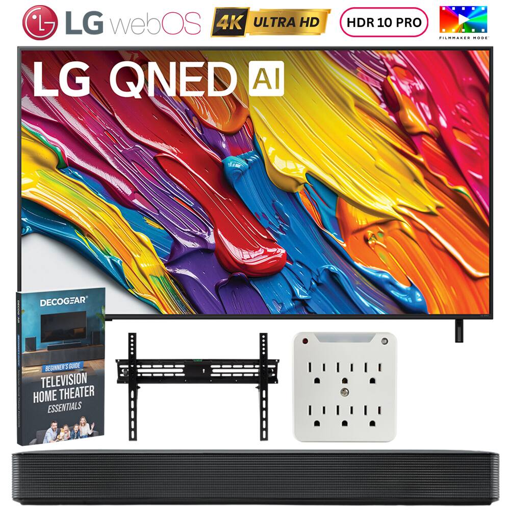 LG webOS 4K ULTRA HD  
LG QNED AI  
HDR 10 PRO  
FILMMAKER MODE  

DECOCGEAR  
BEGINNER'S GUIDE  
TELEVISION HOME THEATER ESSENTIALS