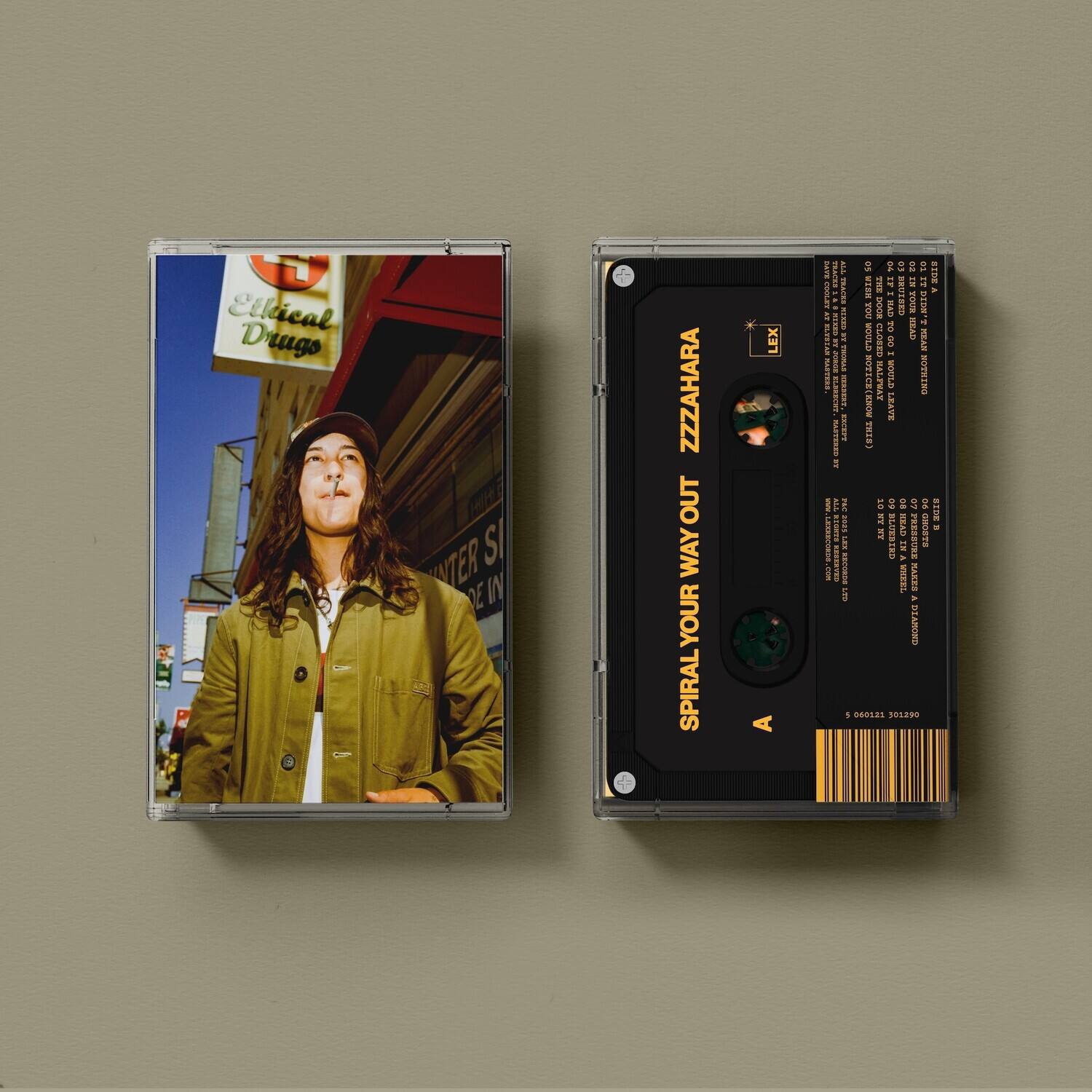 Sure, here is the corrected and grouped text from the image:

---

**Front Cover:**

Ethical Drugs

---

**Back Cover:**

SPIRAL YOUR WAY OUT

ZZAHARA

A

---

**Spine:**

SPIRAL YOUR WAY OUT

ZZAHARA

A

---

**Additional Text on the Back Cover:**

- Ethical Drugs
- ENTER SIDE IN
- 5 060121 301290

---

**Other Text on the Back Cover (partially visible):**

- [Various track listings and details, partially obscured]

---

This text is grouped based on its location on the cassette cover.