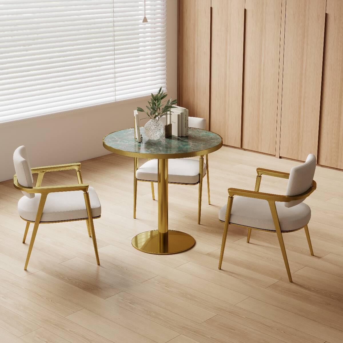 Alt View 1. Loheer - Loheer 31.5 inch Round Dining Table with Sintered Stone Tabletop and Gold Tone Base - Green and Gold.