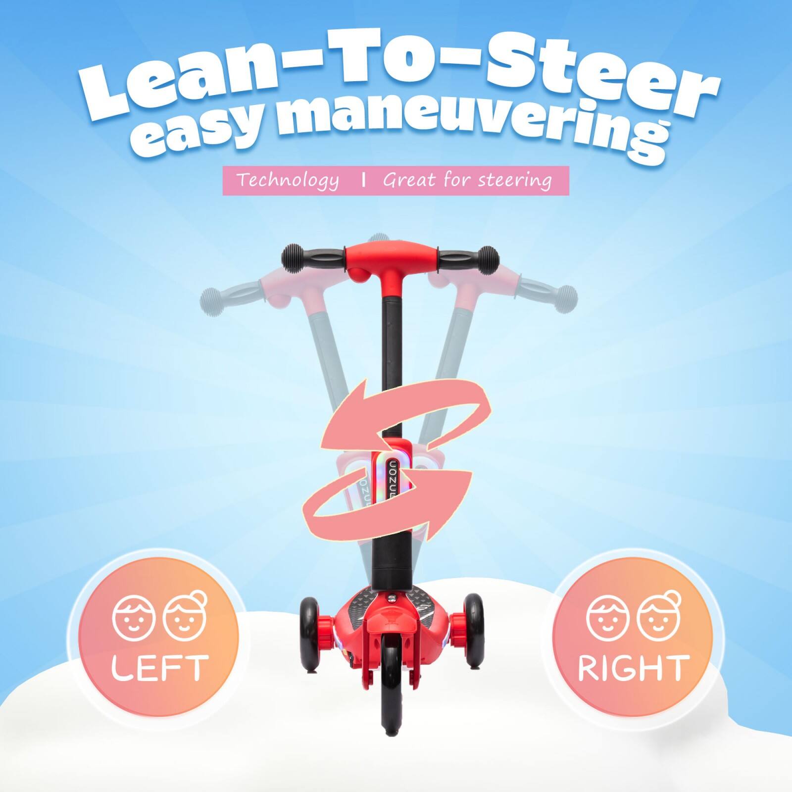 Lean-To-Steer  
easy maneuvering  
Technology | Great for steering  

LEFT  
RIGHT