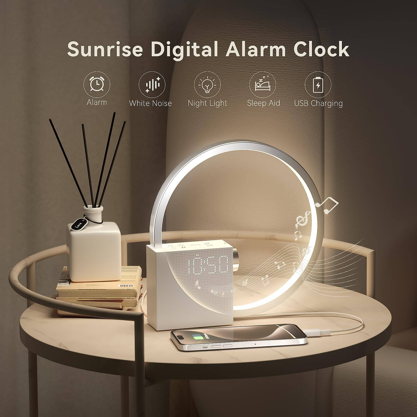 Sunrise Digital Alarm Clock

- Alarm
- White Noise
- Night Light
- Sleep Aid
- USB Charging

10:50