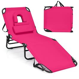Costway - Beach Chaise Lounge Chair with Face Hole Pillows & 5-Position Adjustable Backrest - Pink